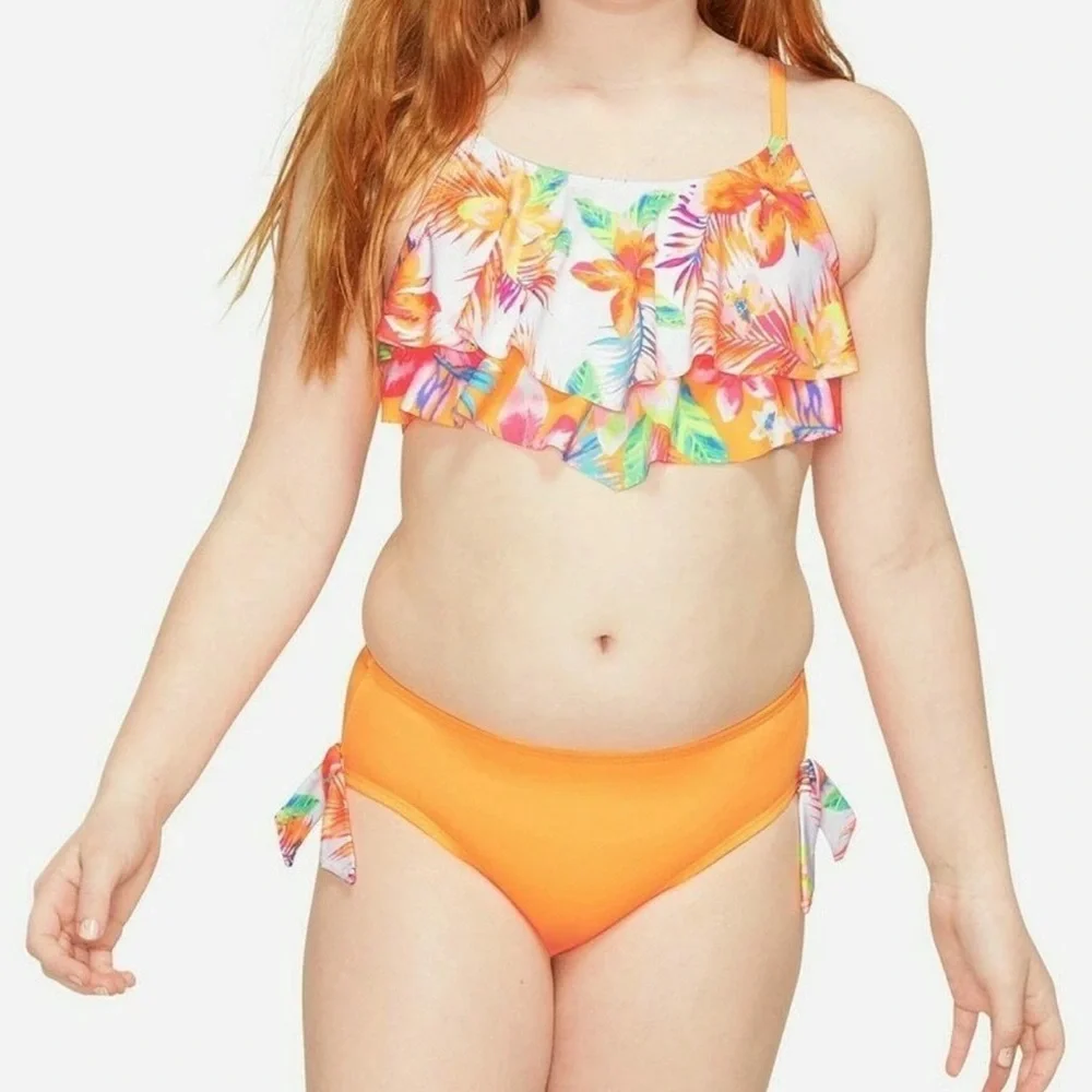 Girls Justice Floral‎ Ruffle Bikini in Orange and Multicolor size 6